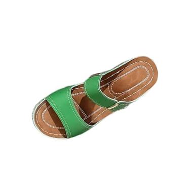 Imagem de Sandálias femininas de salto plataforma peep toe design aberto sem cadarço para praia primavera verão plus size PU material calçado, Verde, 35