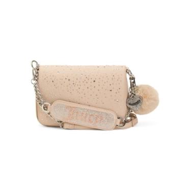 Imagem de Juicy Couture Bolsa tiracolo Glamour Glitz, couro sintético bege com enfeites de strass, alça de corrente com detalhes de pompom, 21 x 14 cm, arenito