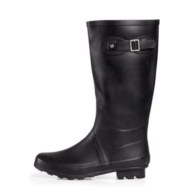Imagem de NORTY Botas de chuva femininas Hurricane Wellie até o joelho até a panturrilha - Sapatos altos de borracha à prova d'água fosca brilhante, Preto fosco, 36