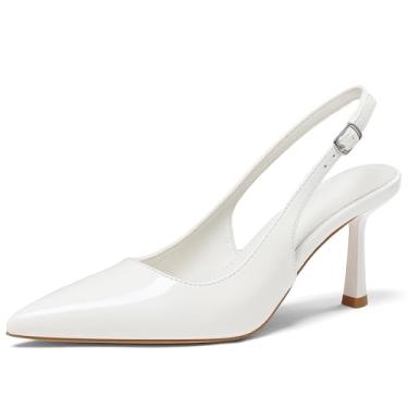 Imagem de Salto alto feminino fechado bico fino salto agulha gatinho com fivela confortável sapatos sociais casuais, Branco, 37