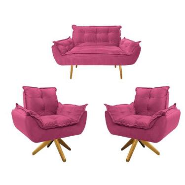 Imagem de Kit Namoradeira e 02 Poltronas Opala Base Giratória de Madeira Sintéti