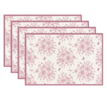 Imagem de Jogo americano floral com design rosa e borboleta, jogo americano fofo de 30 x 45 cm, conjunto de 4 tapetes de mesa para festa, cozinha, decoração de jantar - 25
