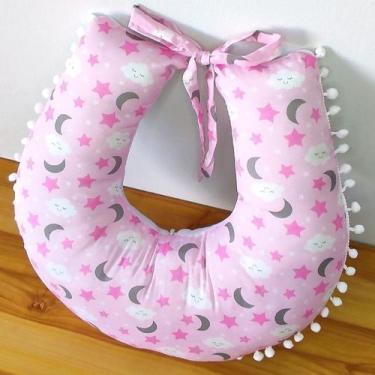 Imagem de Almofada de Amamentação Bebê Tecido 100% Algodão Estampado com Pompom 