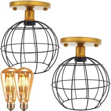 Imagem de 2 Lustres Teto Plafon + 2 Lâmpadas Led St64 Industrial Aramado Globo Preto Retrô Vintage Dourado