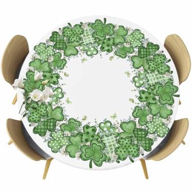 Imagem de Toalha de mesa redonda de Dia de São Patrício para mesas de 140 a 152 cm, toalha de mesa impermeável para ambientes externos com trevo verde 152 cm, toalha de mesa redonda de 152 cm com elástico, capa