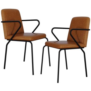 Imagem de Kit 02 Cadeiras Estofada Para Sala De Jantar Com Braço Loft Preto C01 Courino Caramelo - Lyam Decor