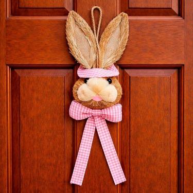 Imagem de Decoração Páscoa Pendente Cabeça Coelho Com Laço Palha 40cm Rosa
