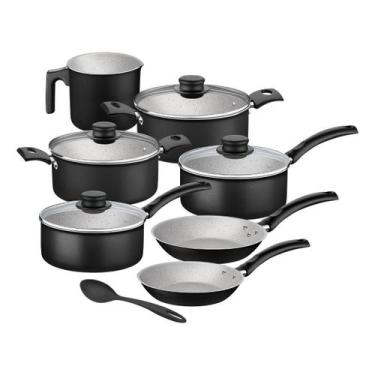 Imagem de Jogo De Panelas 7 Peças Turim Preta Antiaderente e Colher Tramontina