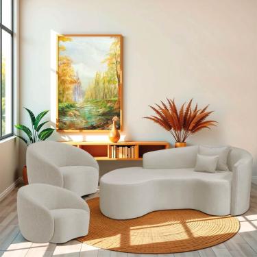 Imagem de Kit Recamier Curvo Sala De Estar Inglaterra 200cm Lado Esquerdo E 2 Poltronas Orgânica Luxo Amore Linho Bege