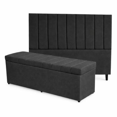 Imagem de Kit De Quarto Roma Cabeceira De Cama Box E Calçadeira Baú Casal 140 Cm Suede Grafite Eli Móveis E Decoração
