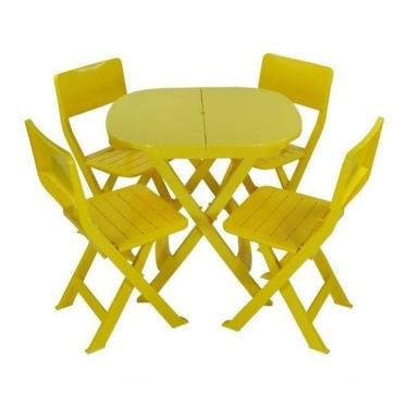 Imagem de Conjunto Mesa e 4 Cadeiras Conjunto 1 Mesa 4 Cadeira Dobrável Plástico para Bar e Varanda Estrutura em Plástico Assentos