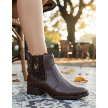 Imagem de Bota Em Couro Feminina Calce Fácil Cano Curto Pegada 282003 Cor:Pinhão