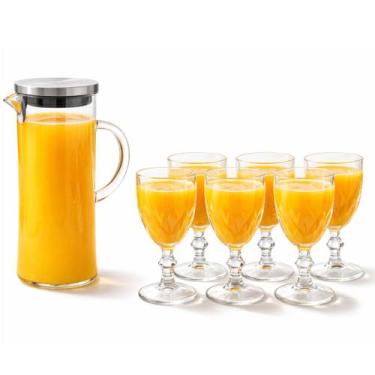 Imagem de Kit Jogo Conjunto 6 Taças 330 Ml + Jarra Vidro 1L Tampa Inox - Emporio