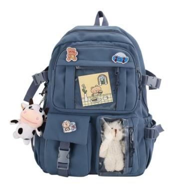Imagem de Mochila Kawaii fofa com pinos pingente de urso de vaca estética bolsa escolar suprimentos acessórios japoneses bolsas para crianças, Azul, Large, Mochilas Daypack
