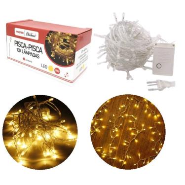 Imagem de Pisca Pisca 100 Lâmpadas LED Branco Quente Fio Transparente 8 Funções 127V - Master Christmas