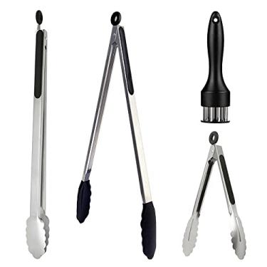 Imagem de UPTALY 2 pinças de churrasco extra longas de 45 cm, 1 mini pinça de salada de aço inoxidável de 20 cm, 1 amaciante de carne com pontas de piercing, pegador de alimentos de tamanho grande com cabeça de silicone, pinça de cozinha alongada