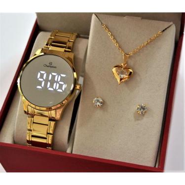 Imagem de Relogio Champion Dourado Espelhado Medio Ch48046b + Kit Semi Joia