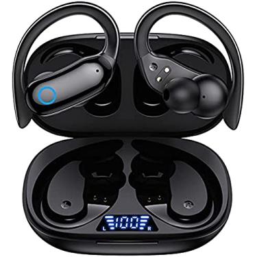 Imagem de YANGKTIC Bluetooth Headphones Wireless Earbuds 48hrs Playback IPX7 Waterproof Earphones Over-Ear Stereo Bass Headset with Earhooks Microphone LED Battery Display for Sports/Workout/Gym Black