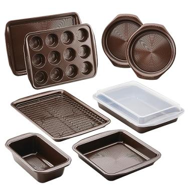 Imagem de Circulon Conjunto de assadeiras antiaderentes com forma de pão antiaderente, assadeiras, assadeiras, assadeiras de biscoito, forma de bolo e forma de muffin/cupcake - 10 peças, marrom chocolate