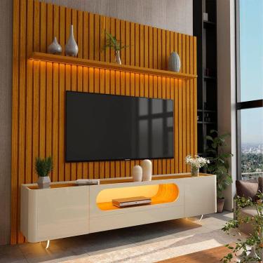 Imagem de Painel e Rack Nobre Ripado com LED Pés de Vidro 230 Naturale Off White - Gelius