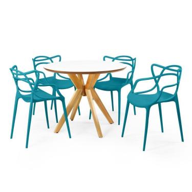 Imagem de Conjunto Mesa de Jantar Redonda Marci Premium Branca 100cm com 4 Cadeiras Allegra - Turquesa