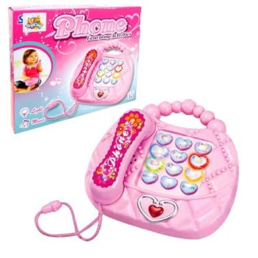 Imagem de Piano Musical Infantil Formato de Telefone Rosa para Crianças com Luzes Sons e Musicas Divertidas Alça para Segurar