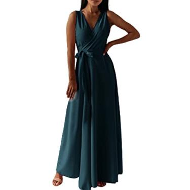 Imagem de UIFLQXX Vestido longo feminino plus size, casual, sem mangas, cintura alta, vestido boêmio, vestido de noite, vestido pequeno, Verde, GG