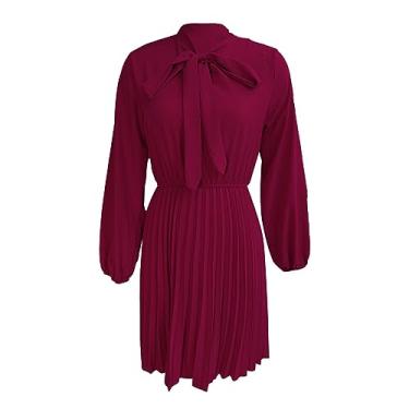 Imagem de UIFLQXX Vestidos casuais para mulheres, decote em V, manga comprida, cor sólida, vestido de cintura moderno, solto, vestido evasê, Vermelho, M