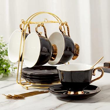 Imagem de Conjunto de xícaras de chá e pires DUJUST Conjunto de 4 xícaras de chá (218 ml), preto com acabamento dourado, xícaras de café, com suporte de metal, conjunto de chá de porcelana britânica – preto