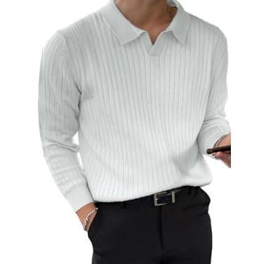 Imagem de Cozyease Suéter masculino liso de malha canelada casual manga longa camisa polo pulôver tops, Branco, Medium