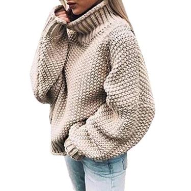 Imagem de Howstar Suéter feminino de outono 2023 gola tartaruga manga lanterna pulôver pulôver de malha grossa suéter de inverno grande, Bege, G