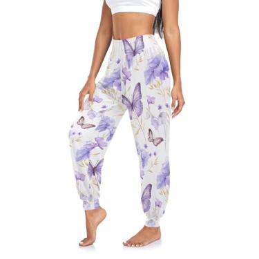 Imagem de Calça de moletom feminina vintage de cintura alta harém ioga joggers atlética lounge calça lounge, Flores e borboletas violeta azul, M