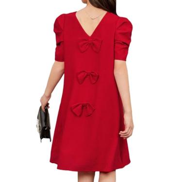 Imagem de RoseSeek Vestido feminino com laço nas costas rodado bonito manga bufante curta gola redonda vestido túnica curto vestidos da moda, Vermelho, 9 Anos
