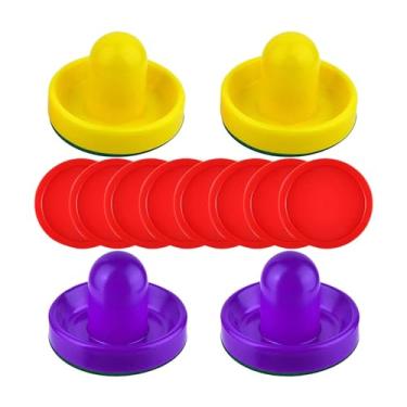 Imagem de Fancyes 4 pçs empurradores de hóquei de ar e 8 pçs pucks slider empurrador objetivo alças substituição padrão air hockey pucks para mesas de jogo festa, Amarelo e Violeta