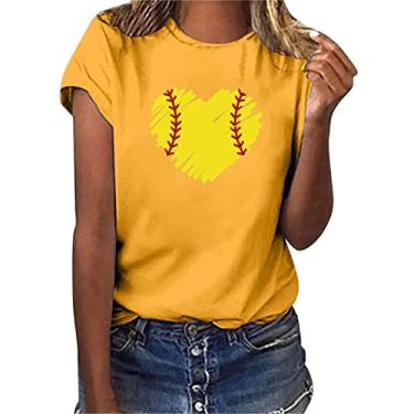 Imagem de Camiseta feminina de beisebol PKDong, manga curta, gola redonda, casual, de verão, para mulheres, beisebol, mamãe, Amarelo, P