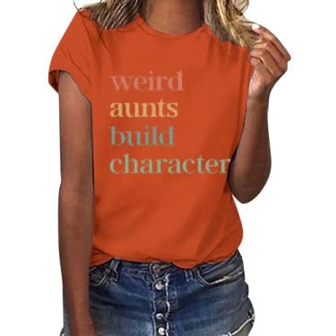Imagem de Camisetas de gola redonda PKDong Weird Aunts Build Character Auntie Letter Printed Short Sleeve Fashion Shirts 2024 Camisetas casuais, Laranja, P