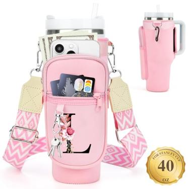 Imagem de LOKASS Suporte de garrafa de água personalizado com alça para acessórios Stanley Cup Tumbler de 1,134 g, bolsa de transporte inicial para garrafa de água com bolso para telefone, para mulheres, ideal