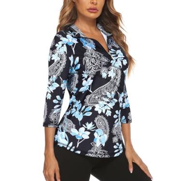 Imagem de Koscacy Camisa polo feminina de golfe com manga 3/4 rolada UPF50+ Half Zip Dry Fit Workout Tops Athletic Shirt, Preto, azul, floral, G