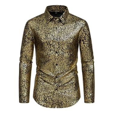 Imagem de Camisa masculina casual estampa leopardo bronzeamento slim fit mangas compridas cor combinando botões, Ouro, P