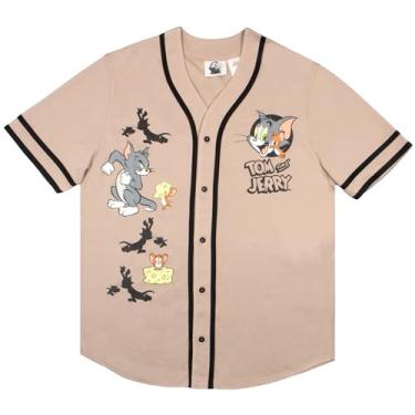 Imagem de Tom and Jerry Camiseta masculina de beisebol com desenho animado, casual, atlética, clássica, abotoada, manga curta, masculina, Arena, M