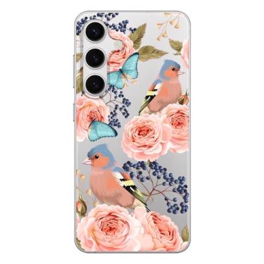 Imagem de Blingy's Capa para Samsung Galaxy S24 Plus, pássaro floral fofo com design de flor de rosa desenho animado estilo animal transparente macio TPU capa transparente 6,7 polegadas (pássaros e borboletas)