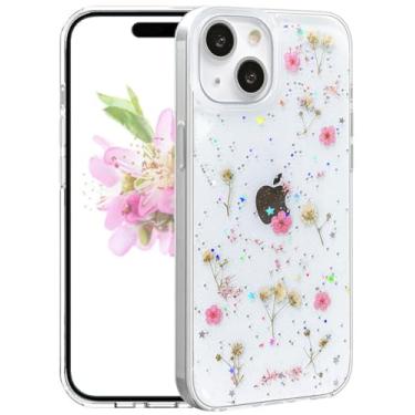 Imagem de CEOKOK Capa transparente para iPhone 14 Plus/iPhone 15 Plus com design de flores prensadas de verdade, glitter, estampa floral brilhante, fina, macia, macia, protetora, feminina, feminina, feminina,