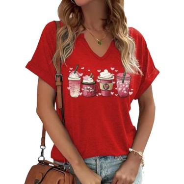 Imagem de Earlymemb Camiseta feminina com estampa de coração e decote em V para o dia dos namorados para casal, casual, de manga curta, para presente, A-vermelho-2, GG