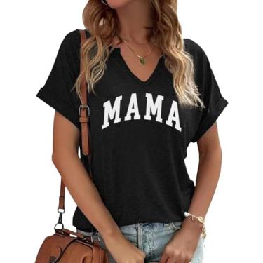 Imagem de Camiseta feminina com gola V Mama camiseta divertida da vida da mãe dia das mães manga curta camiseta gráfica presente para mamãe blusa casual, A - Preto, G
