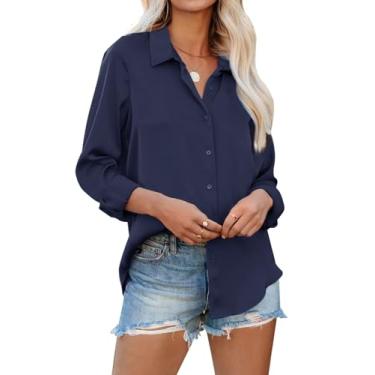 Imagem de siliteelon Camisas femininas de botão, manga comprida, sem rugas, gola para trabalho, escritório, blusas de chiffon, Azul marinho, M