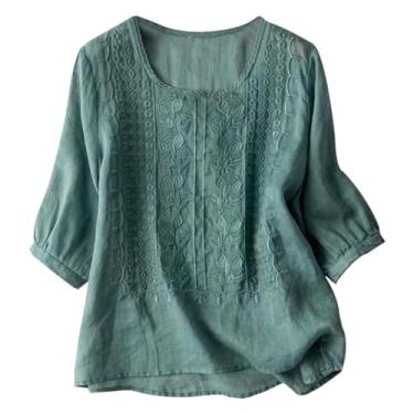 Imagem de Howstar Blusas de linho femininas 2024 verão boho elegante blusa casual bordada gola redonda plus size túnica manga cotovelo, A7 - azul, M