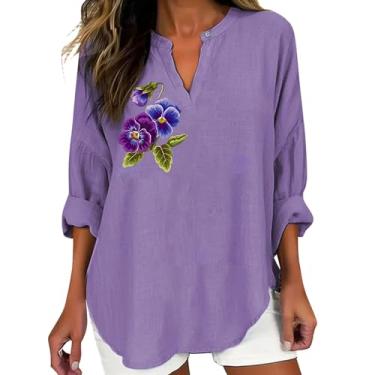 Imagem de Camisetas femininas de conscientização de Alzheimers de linho para sair, camisetas de manga dobrada, blusas estampadas com flores roxas, Roxo claro, G
