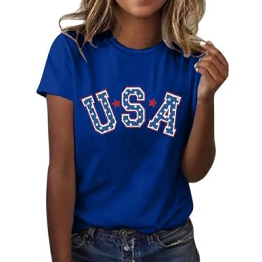Imagem de Duobla Camisetas femininas de verão 2024 na moda 4 de julho camisetas com estampa de laço de cereja com coração fofo camiseta com letras engraçadas roupas modernas, A-2-azul, M