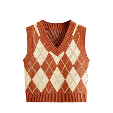 Imagem de SweatyRocks Colete feminino xadrez Geo sem mangas gola V malha cropped suéter colete, Laranja, branco, M