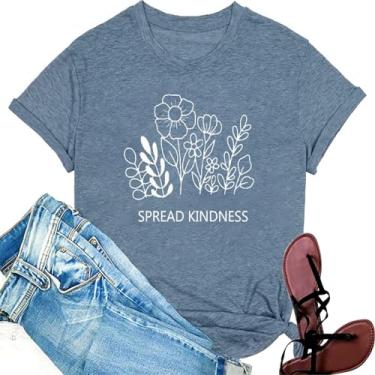 Imagem de Spread Kindness Camiseta feminina com estampa floral floral de flores silvestres camiseta casual manga curta amante de plantas, Azul, G